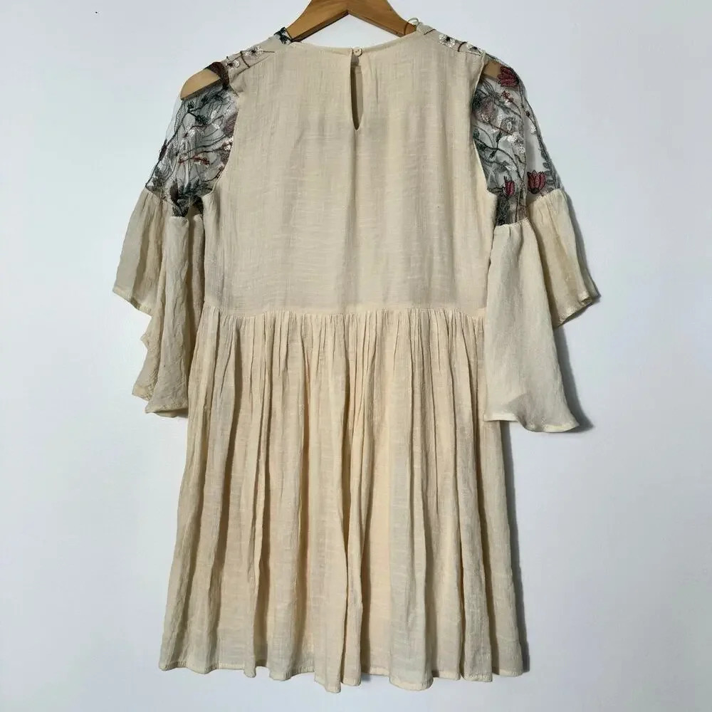 Umgee Dress Women Small Ivory Ebroidered Babydoll Mesh Overlay Crepey Lined Boho - Picture 7 of 12